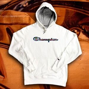 Champion Power Blend White Hoodie with Multicolor Logo - Size Men's M